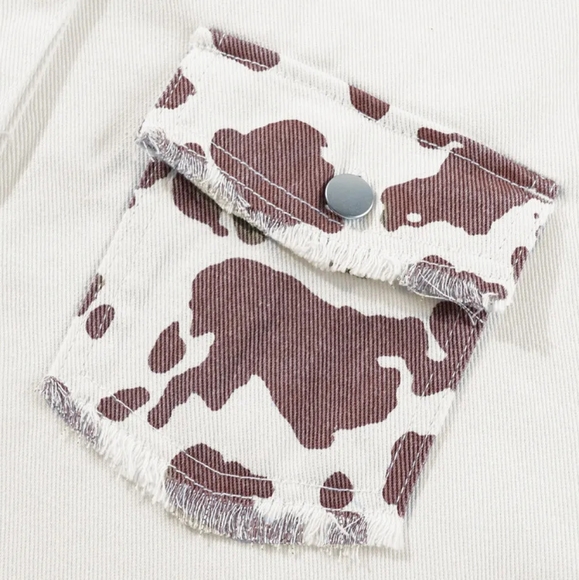 Cow Patchwork Oversized Denim Button-Up Collar Jean Jacket Frayed Exposed Seam - Picture 15 of 16